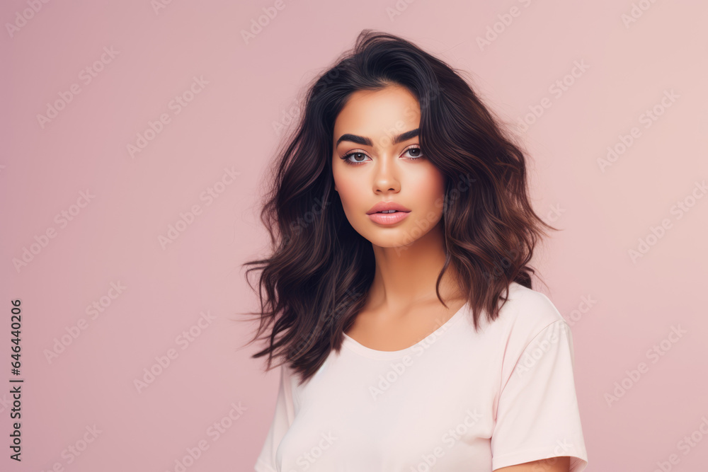 Modern Young Woman Model On A Pastel Background . Сoncept Urban Style, Makeup Trends, Selfconfidence, Modeling Industry Modern Young Woman Model On A Pastel Background . Сoncept Urban Style, Makeup Trends, Selfconfidence, Modeling Industry