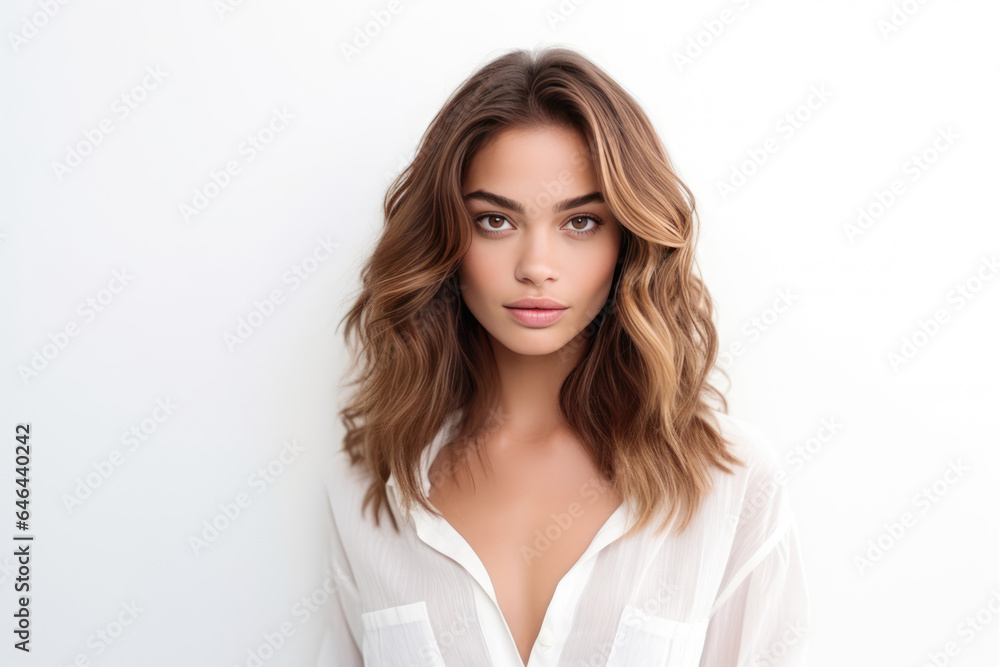 A Woman With Long Hair Wearing A White Shirt. Сoncept Femininity, Women In Fashion, Hair Length Styles, White Shirts A Woman With Long Hair Wearing A White Shirt. Сoncept Femininity, Women In Fashion, Hair Length Styles, White Shirts