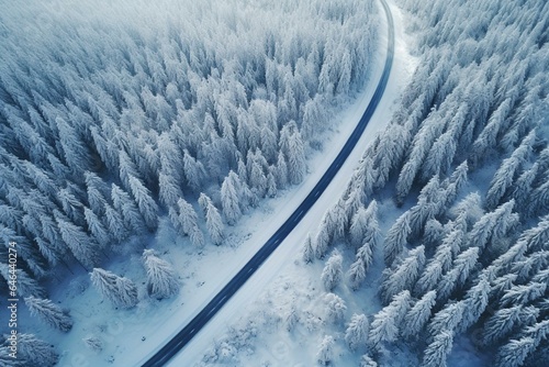 Aerial winter road scene in Lapland with car driving through snow-covered forest. Generative AI © Ryleigh