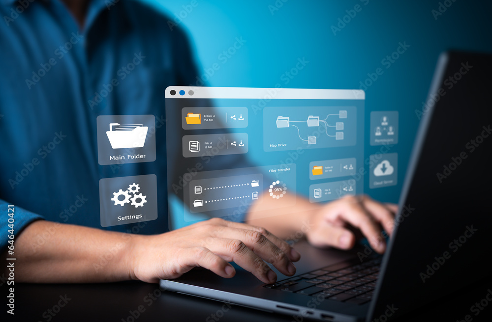 Man using computer laptop to manage file documents on company server. Cloud upload, backup, merge, download, online documentation software storage. Database permission access management application. Man using computer laptop to manage file documents on company server. Cloud upload, backup, merge, download, online documentation software storage. Database permission access management application.