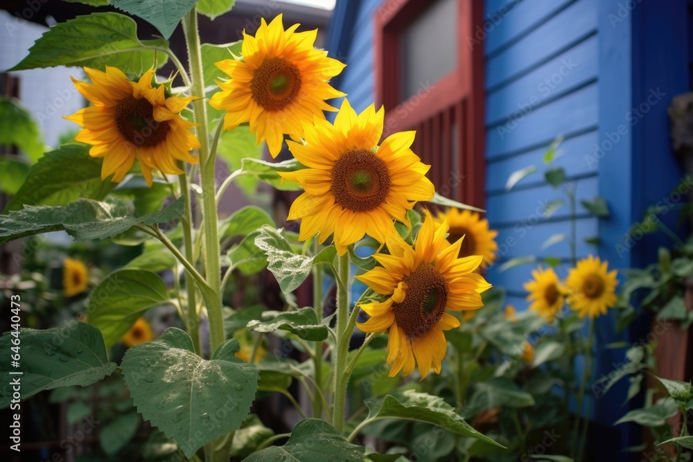 Fototapeta premium a dwarf sunflower plant in a garden of tall sunflowers