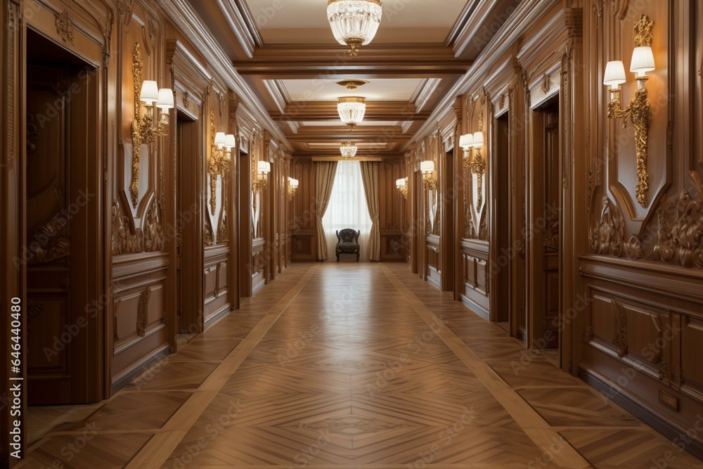 Spacious corridor adorned with exquisite wooden moulding panels. Generative AI