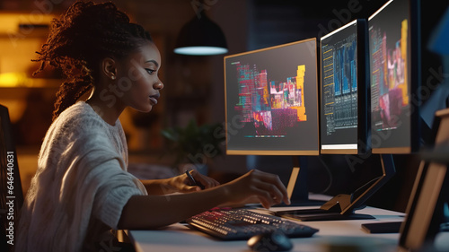 Black Female Art Director Reviewing 3d Model of Shoe, Working on Powerful Desktop Computer at Home.