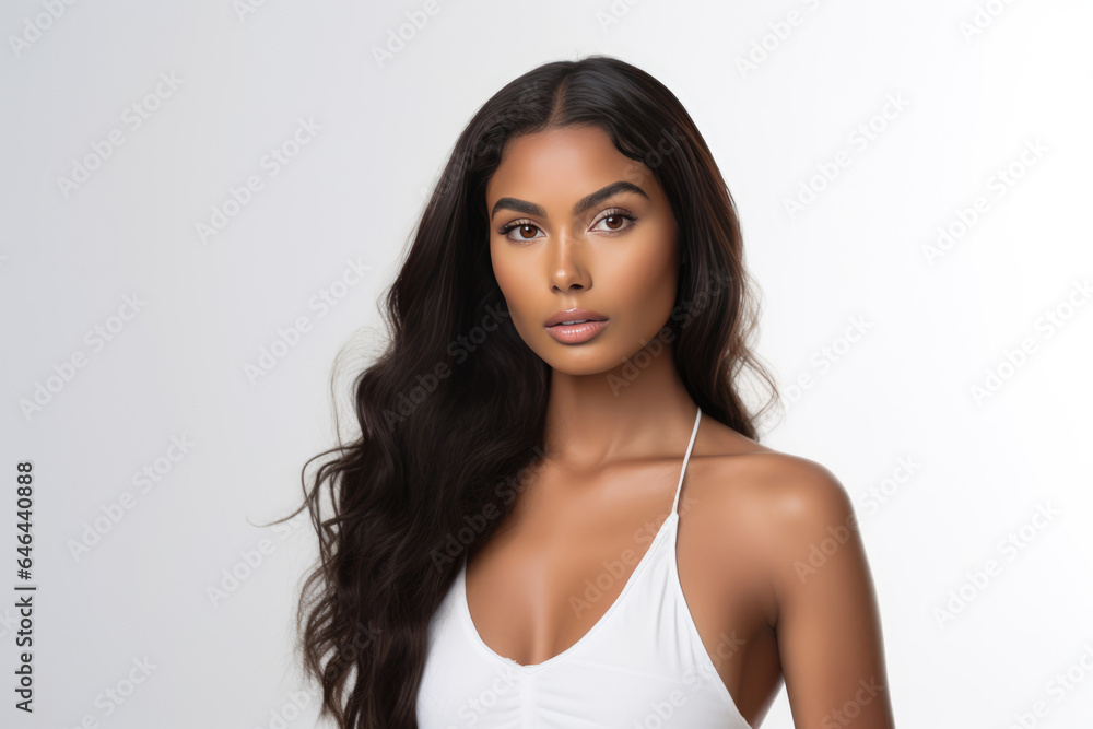 A Woman With Long Hair Wearing A White Top. Сoncept Hair Care, Womens Fashion, Hair Styling, Long Haircuts. Сoncept Hairstyles For Long Hair, Clothing For Female Professionals A Woman With Long Hair Wearing A White Top. Сoncept Hair Care, Womens Fashion, Hair Styling, Long Haircuts. Сoncept Hairstyles For Long Hair, Clothing For Female Professionals