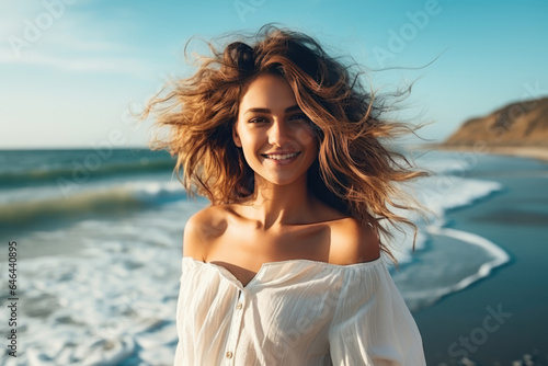Radiant Young Woman Model Against The Sea . Сoncept Confidence Beauty, Modeling Photoshoots, Ocean Nature, Youth Empowerment. Сoncept Confidence, Inspiration, Beauty, Female Empowerment