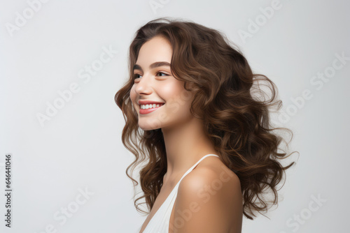 A Woman With Long Hair Smiling And Wearing A White Dress. Сoncept Feminine Beauty, Emotional Wellbeing, Selflove, Confidence
