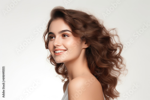 Radiant Young Woman Model On A White Background . Сoncept Female Models, Radiant Beauty, Lighting In Photography, White Backgrounds. Сoncept Feminine Beauty, Youthful Radiance, Womens Fashion