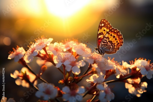 a butterfly resting on a flower under the bright sun