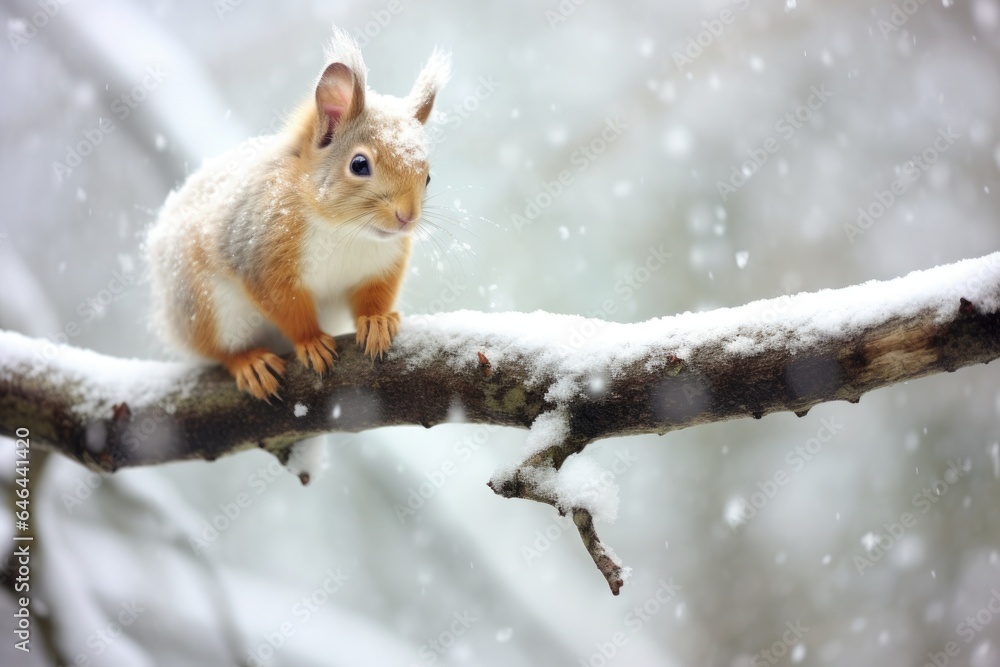 a squirrel balancing on a branch during a snowstorm a squirrel balancing on a branch during a snowstorm