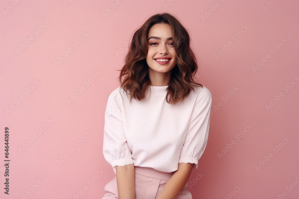A Smiling Woman In A White Top And Pink Pants. Сoncept Womens Fashion, Body Positivity, Boosting Selfconfidence, Selflove A Smiling Woman In A White Top And Pink Pants. Сoncept Womens Fashion, Body Positivity, Boosting Selfconfidence, Selflove