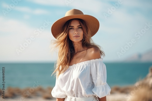 Stylish Young Woman Model Against The Sea . Сoncept Beach Fashion Photography, Youthful Visuals For Campaigns, Stylish Streetwear Lookbooks, Effortless Model Poses