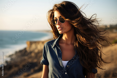 Stylish Young Woman Model Oceanside . Сoncept How To Capture Stylish Beach Looks, Young Woman Modeling Tips, Oceanside Outfit Inspiration photo