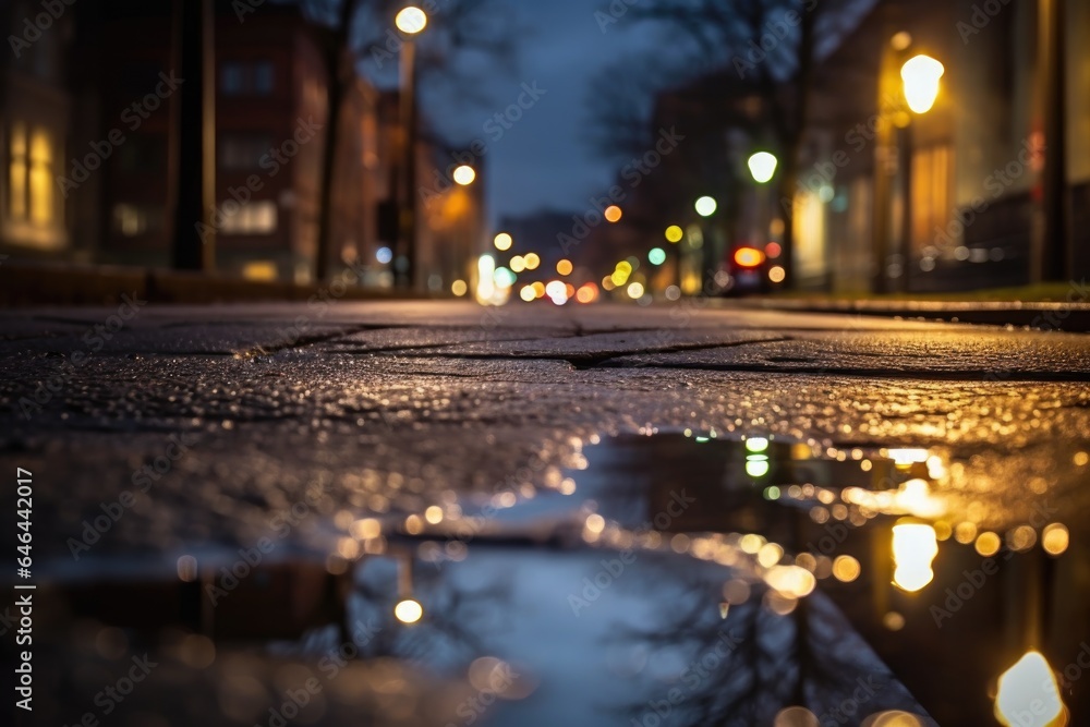 bokeh effect of city lights reflected in a puddle after rain