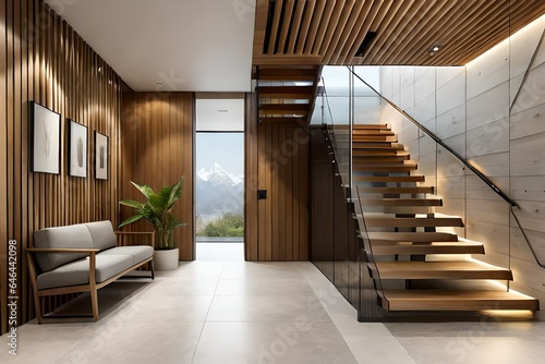 Wooden staircase and stone cladding wall in rustic hallway. Home interior design of modern entrance hall with door.