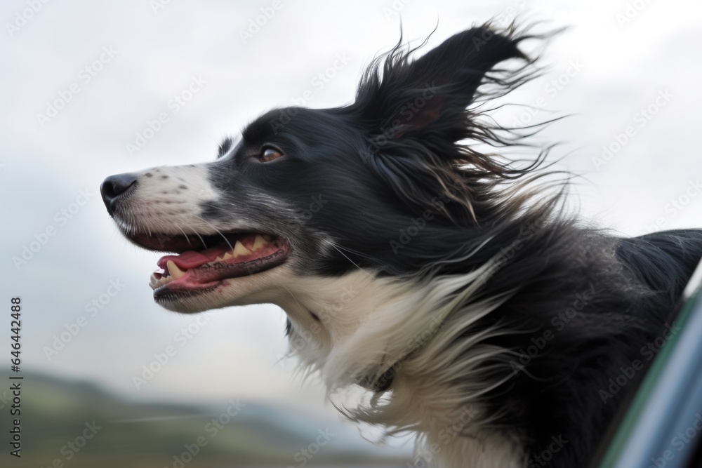 side view of a border collie with its head out of a car window, wind blowing its fur