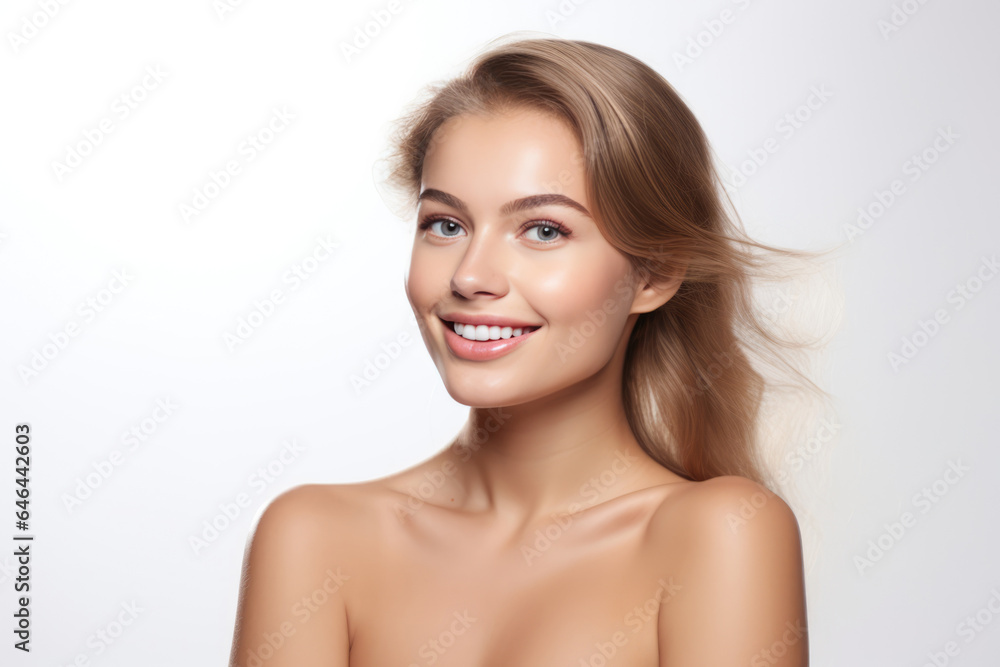 Youthful Young Woman Model On A White Background. Сoncept Youthful Beauty, Young Woman In Fashion, Model On A White Background, Portrait Photography
