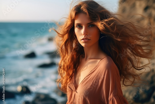 A Woman With Long Hair Standing Near The Ocean