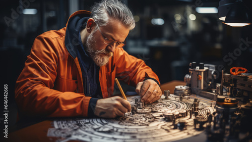 Engineer technician designing drawings mechanical parts engineering Engine © JKLoma