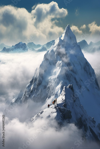 mountains covered in snow and clouds with people on top, mountaineous background, majestic snowy mountains, icy mountains, epic mountains, high mountains, dramatic mountain background. generative ai. photo