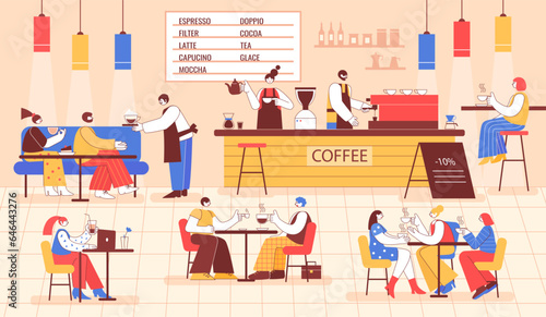 Coffee shop with visitors. Colorful cafe interior with group of people enjoying coffee. Barista makes drinks for coffee house guests vector illustration