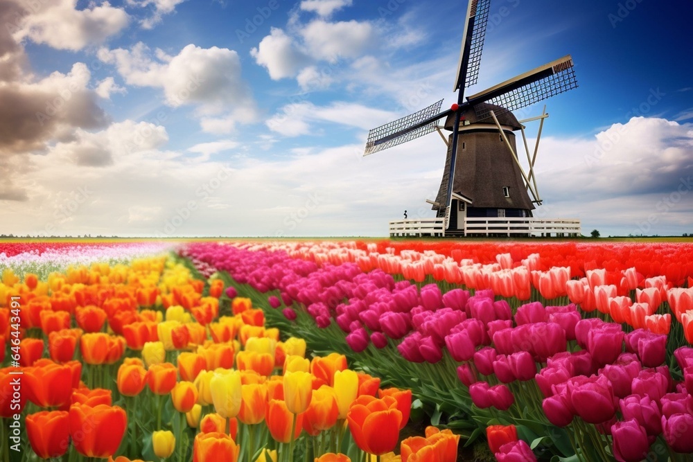 Colorful artwork: Dutch windmill surrounded by blooming tulips. Generative AI