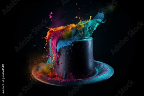 A wizard's top hat with colorful splashes on a dark background, representing magic and bright colors. Generative AI