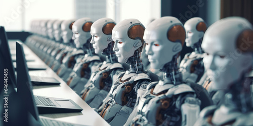 Wallpaper Mural Many identical AI robots sitting at desk in the office and working with computers. Torontodigital.ca