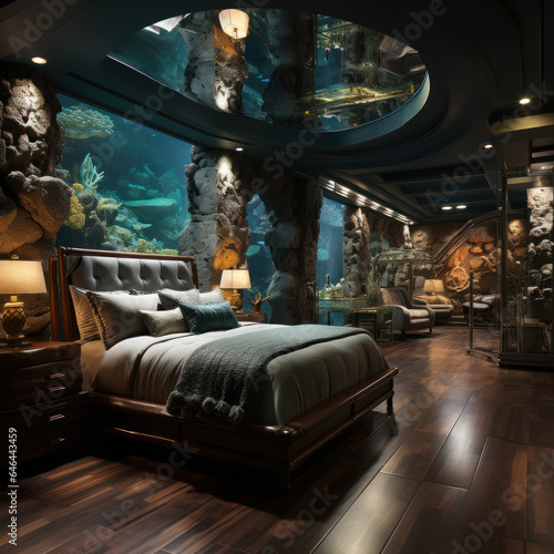  A bedroom with an aquatic panorama showcasing  
