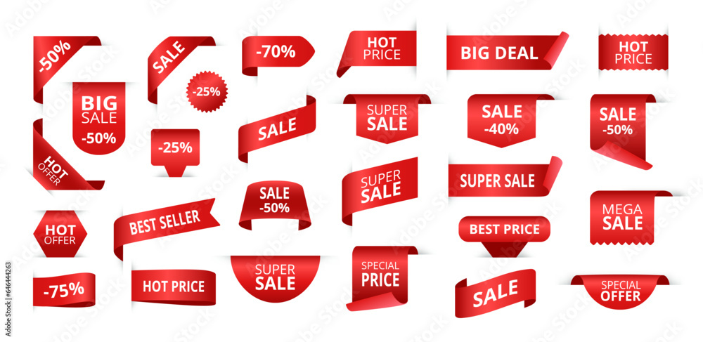 Sale tags. Red ribbon discount labels, special offer badges and promotional banners isolated vector set - obrazy, fototapety, plakaty 