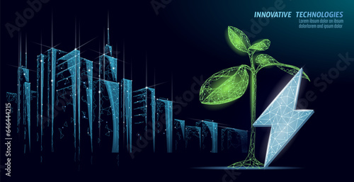 3D plant green lightning saving energy ecology concept. Polygonal light blue sprout eco electricity green energy power banner vector illustration
