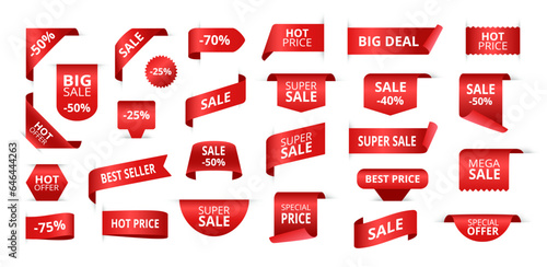 Sale tags. Red ribbon discount labels, special offer badges and promotional banners isolated vector set