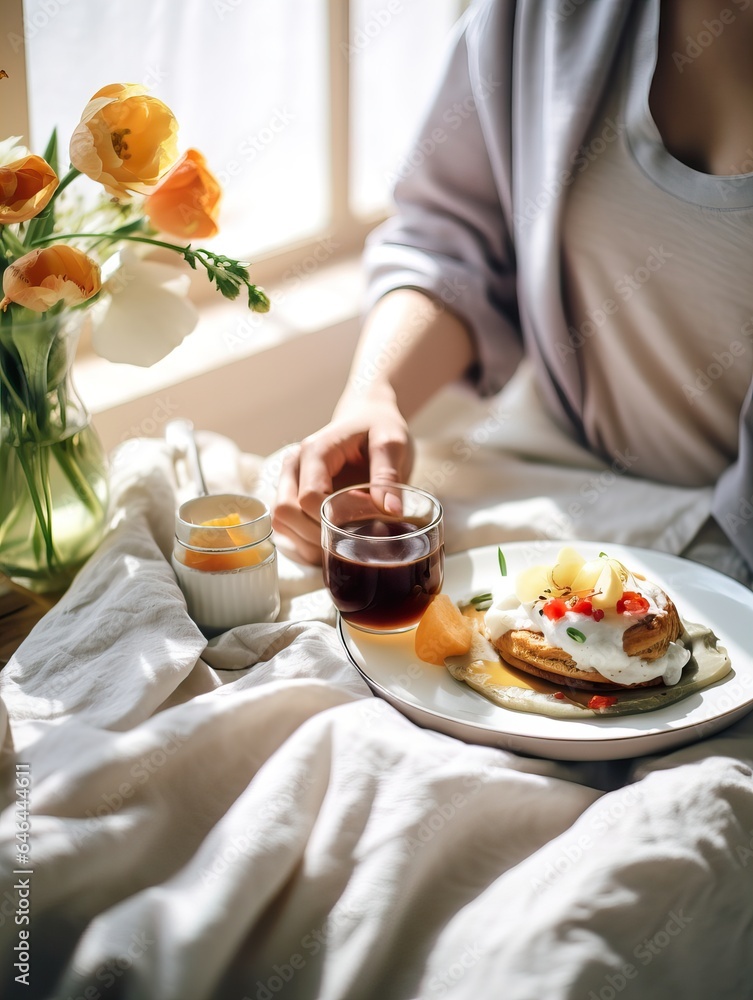 Beautiful woman having breakfast in bed, home bedroom interior with bright morning light, healthy food on cozy decorated tray, weekend meal
