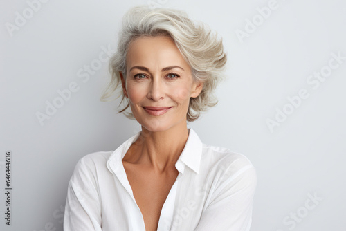 A sixty-year-old female artist. Her gray hair, unbuttoned white shirt, and warm, benevolent gaze exude a blend of experience, confidence, and approachability against a neutral backdrop.