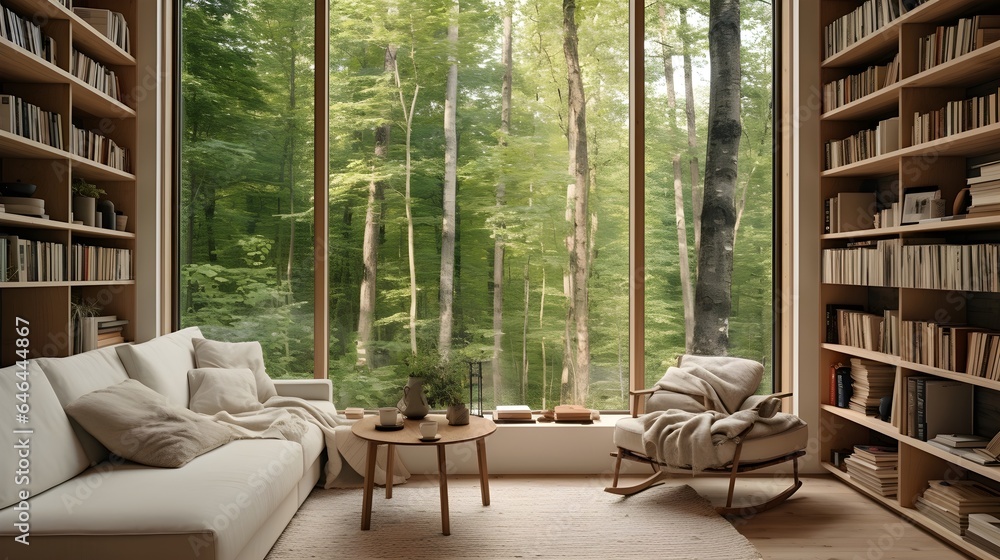 photo of a living room with a bookshelf and a large window behind looking out to a forest