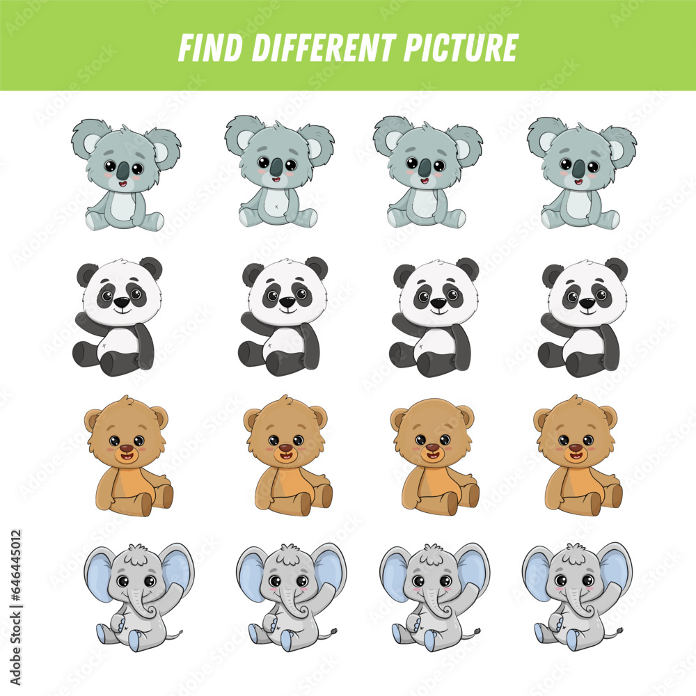 Find different animals in each row. Logical game for kids. Cartoon koala, panda, teddy bear, elephant. Vector Find different animals in each row. Logical game for kids. Cartoon koala, panda, teddy bear, elephant. Vector
