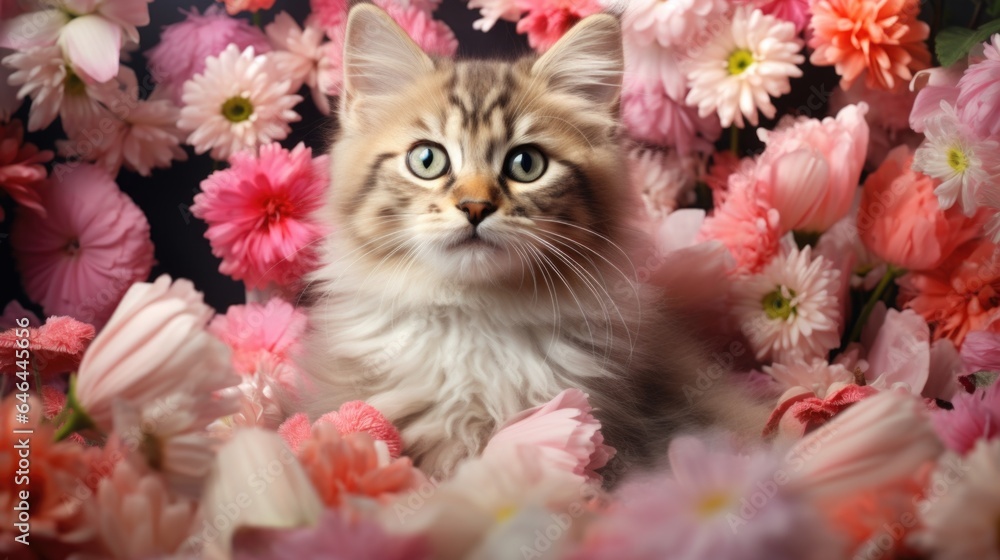 A cat sitting in a bed of flowers