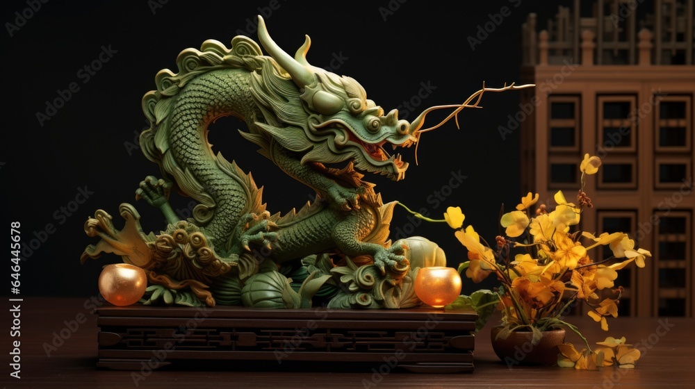 A statue of a dragon on a table next to a vase of flowers