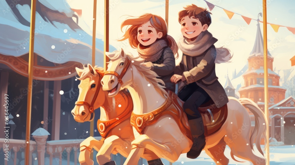 A girl and boy riding a horse in the snow