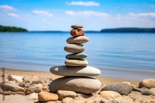 pebbles stacked into a balancing tower on a peaceful beach