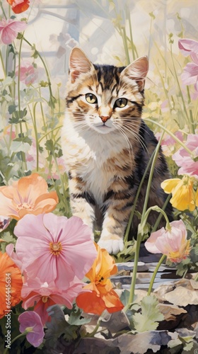 A painting of a cat in a field of flowers