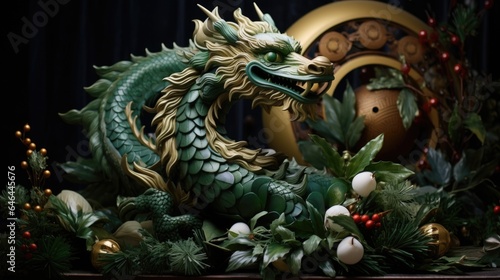 A green dragon statue sitting on top of a table © Maria Starus