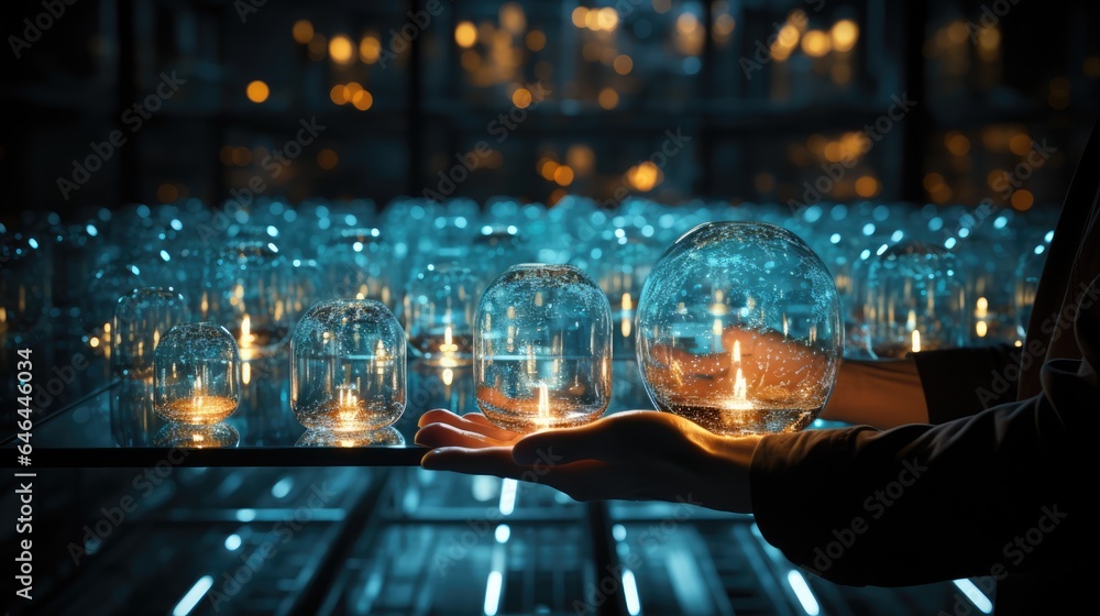 blue light lines of lamps in hand and network elements dark blue and blue background blue light lines of lamps in hand and network elements dark blue and blue background