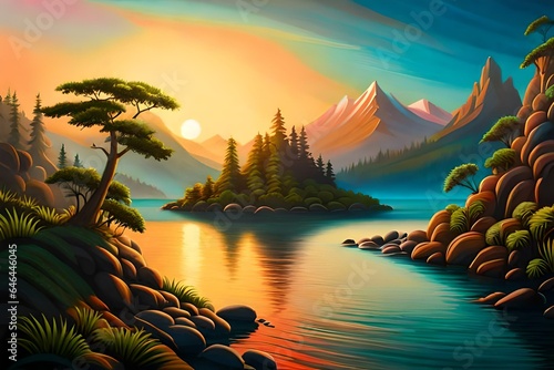 tropical sunset with trees