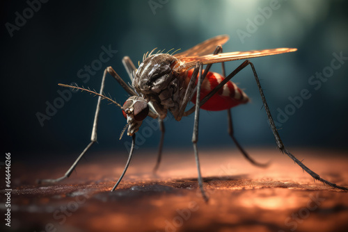 Wide angle shot macro view full body of mosquito on human skin 