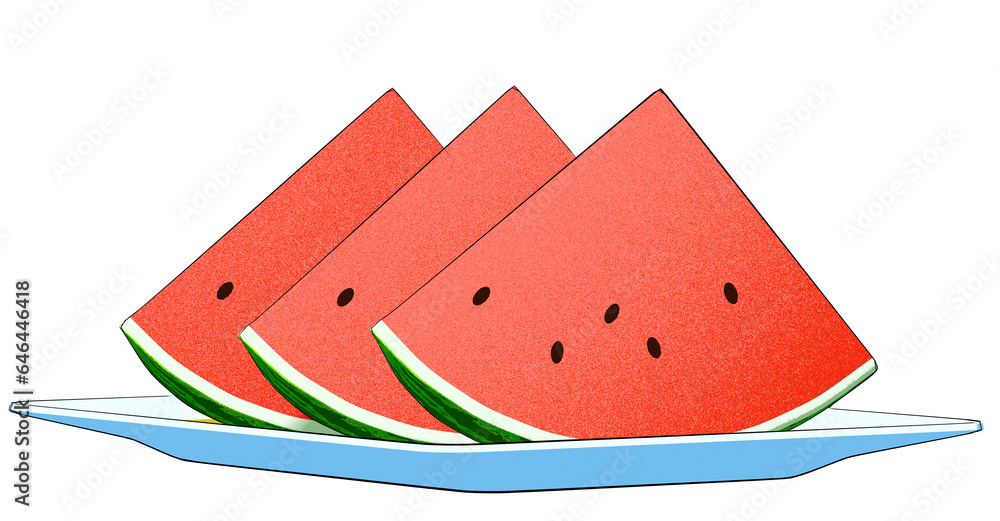 An illustration of three watermelon slices arranged on a white rectangular plate. The illustration style is clean, simple, and refined.