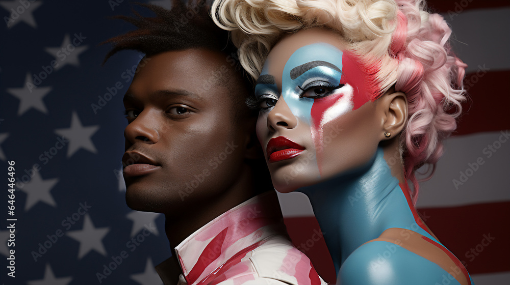 Fototapeta premium Happiness freedom african american man with woman make up face ,Portrait studio shot on American flag ,Generative Ai