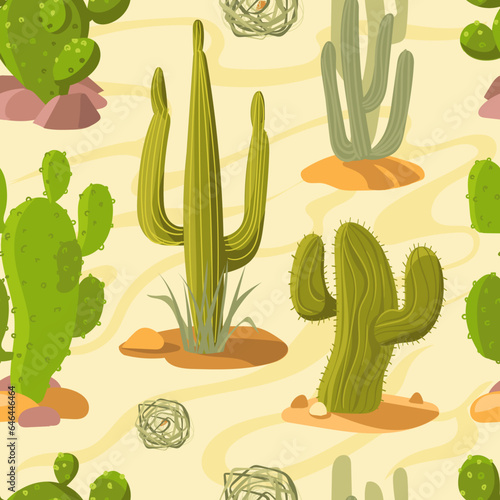 Cartoon desert cacti seamless pattern. Hot arid climate zone elements. Drought scenery. Sand dunes and tumbleweeds. Prickly cactaceae plants. Sahara panorama. Splendid vector background