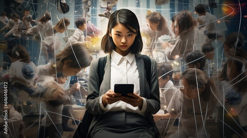 people s use of technology using mobile devices or computer networks. Girl with phone