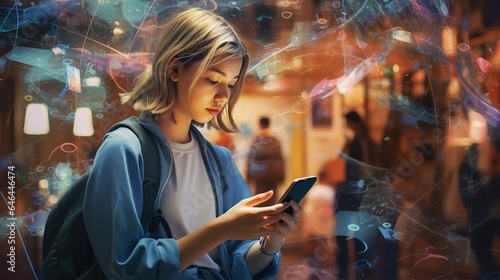 people's use of technology using mobile devices or computer networks. Girl with phone