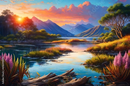 painting of lakeside mountain view, sunset, raging storm, vibrant, rocky riverbank, water hyacinth, cattails, distant flying birds, driftwood - AI Generative © Being Imaginative